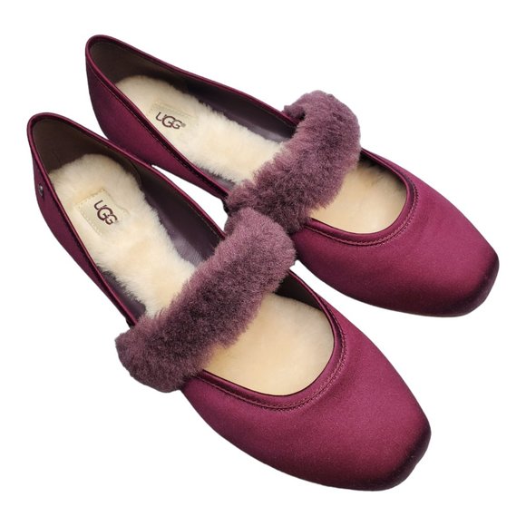UGG Lena  Fluff  Ballet Flats Mary Jane Style in Burgundy Wine Color sz 9.5 - Picture 1 of 8